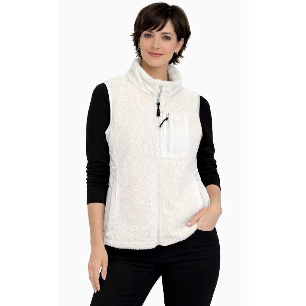 Snozu Fleece Vest Women M Cream Excellent‎ Full Zip Sleeveless Mock Neck